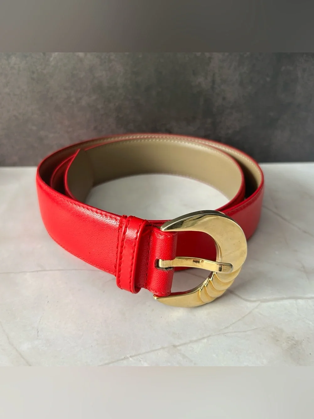 Liz Claiborne Red Leather Belt with Gold Circular Buckle